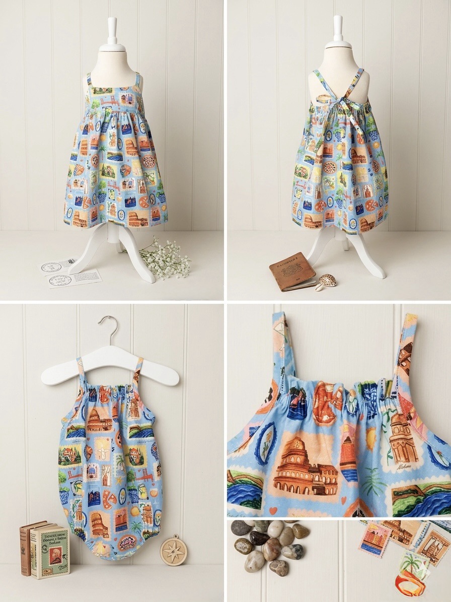 Hello World Collection details - organic cotton sundress romper and fabric close-up