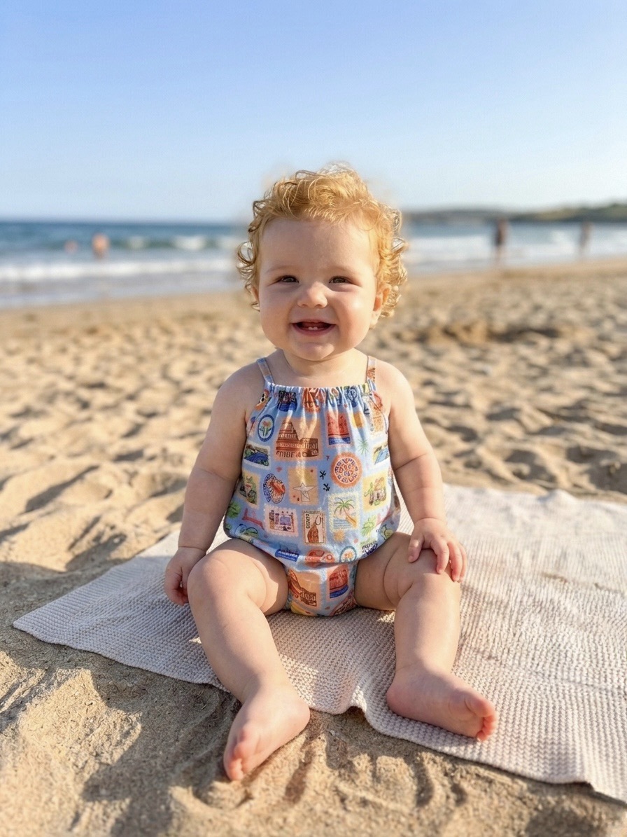Hello World Riviera Romper - baby sitting on beach in organic cotton travel stamp print romper