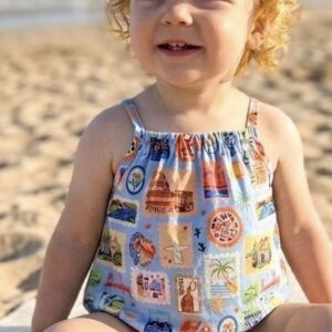 Hello World Riviera Romper - organic cotton baby romper with hand-painted travel stamp print