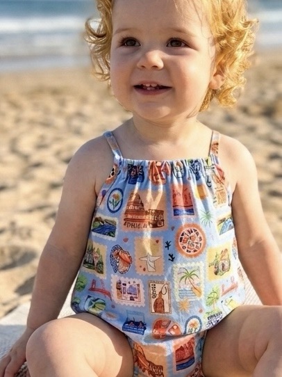 Hello World Riviera Romper - organic cotton baby romper with hand-painted travel stamp print