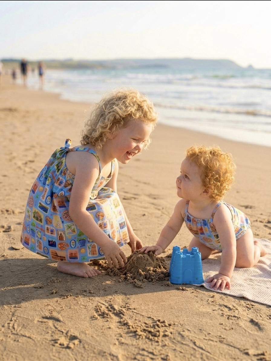 Hello World Collection - siblings playing on beach in matching organic cotton outfits
