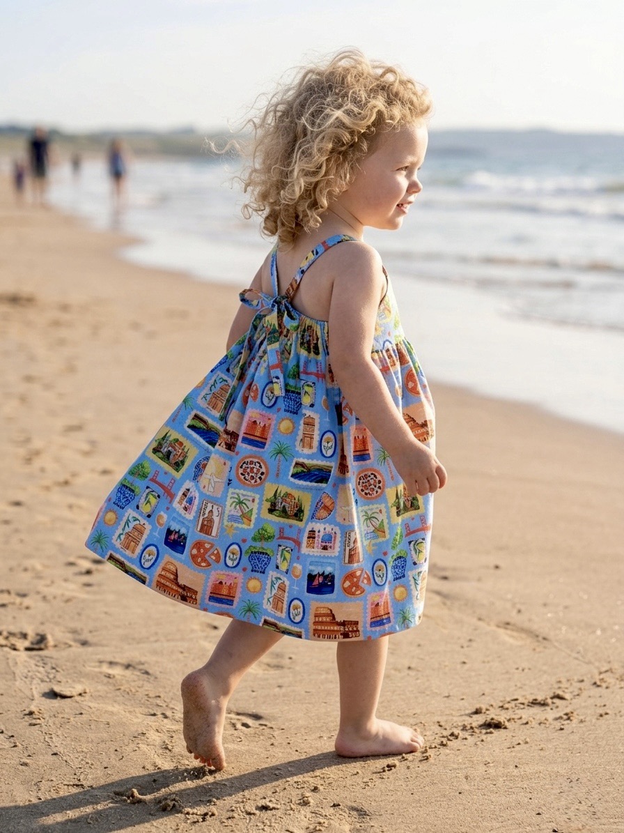 Hello World Sienna Sun Dress - toddler walking on beach in organic cotton travel stamp print dress