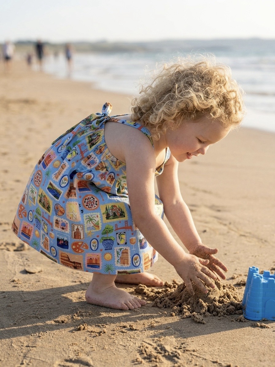 Hello World Sienna Sun Dress - child playing in sand at the beach