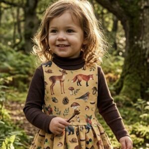 Smiling toddler in the Rabbit & Hare Woodland Animals pinafore dress in Mustard, organic cotton with hand-drawn deer, foxes and toadstools