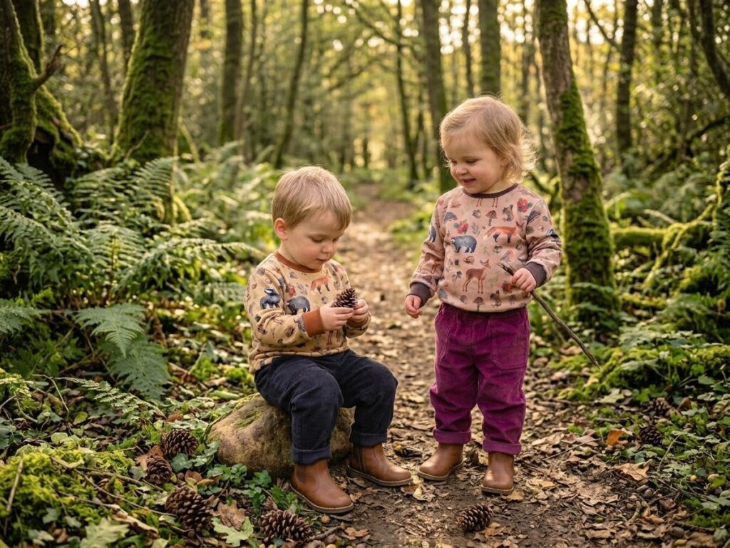 Two children in Rabbit & Hare Woodland Animals sweaters in Mustard and Rose, worn with navy and mulberry corduroy trousers, exploring an autumn woodland