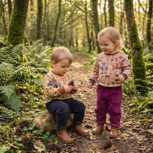 Two children in Rabbit & Hare Woodland Animals sweaters in Mustard and Rose, worn with navy and mulberry corduroy trousers, exploring an autumn woodland